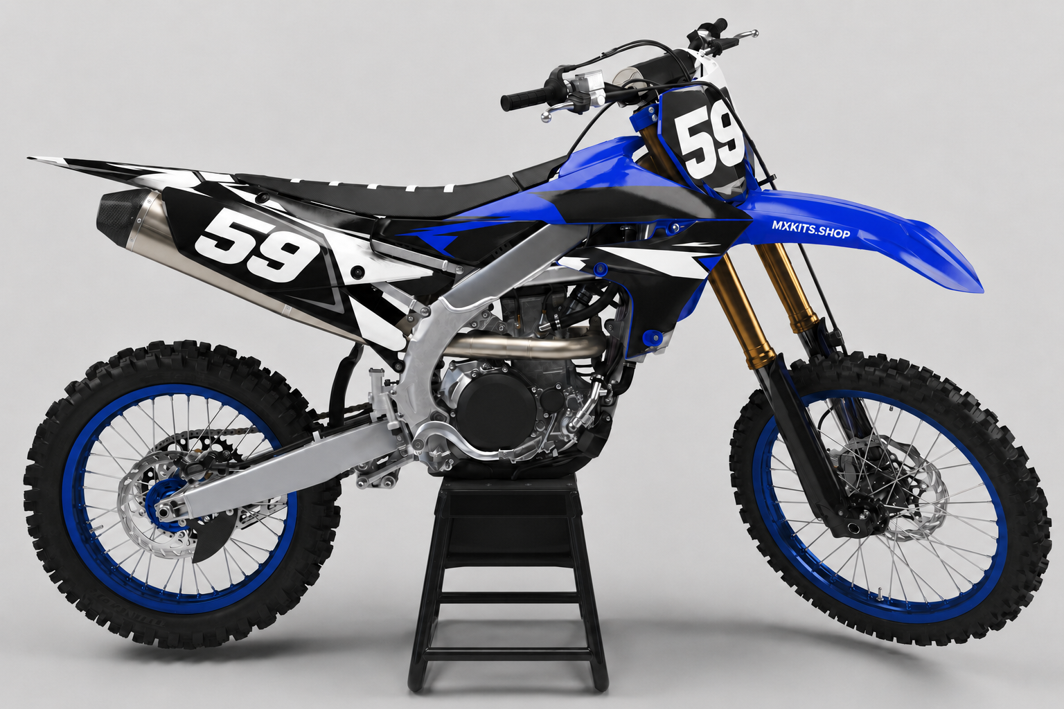 Sponsor-free blue, black and white Yamaha motocross bike with Blue Shard graphics, MXKITS.SHOP branding and race number 59