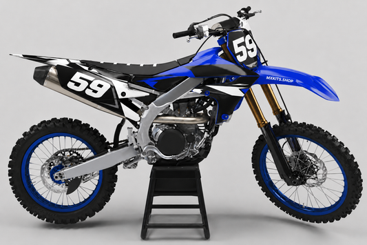 Sponsorfreies Yamaha Motocross-Motorrad in Blau, Schwarz und Weiß mit Blue Shard Dekor, MXKITS.SHOP-Schriftzug und Startnummer 59