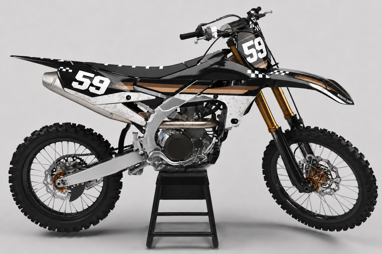 Sponsor-free black and off-white Yamaha motocross bike with bronze checker graphics, MXKITS.SHOP branding and race number 59