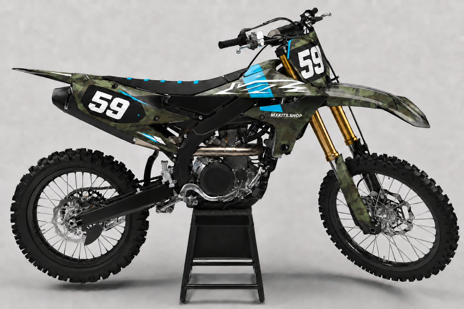 Olive camouflage and turquoise Yamaha MX graphics kit displayed with number 59 and clean MXKITS.SHOP branding