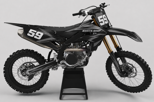 Unauffälliges schwarzes und graphitfarbenes Yamaha Motocross-Dekor-Kit mit dezenter Carbonstruktur und Startnummer 59