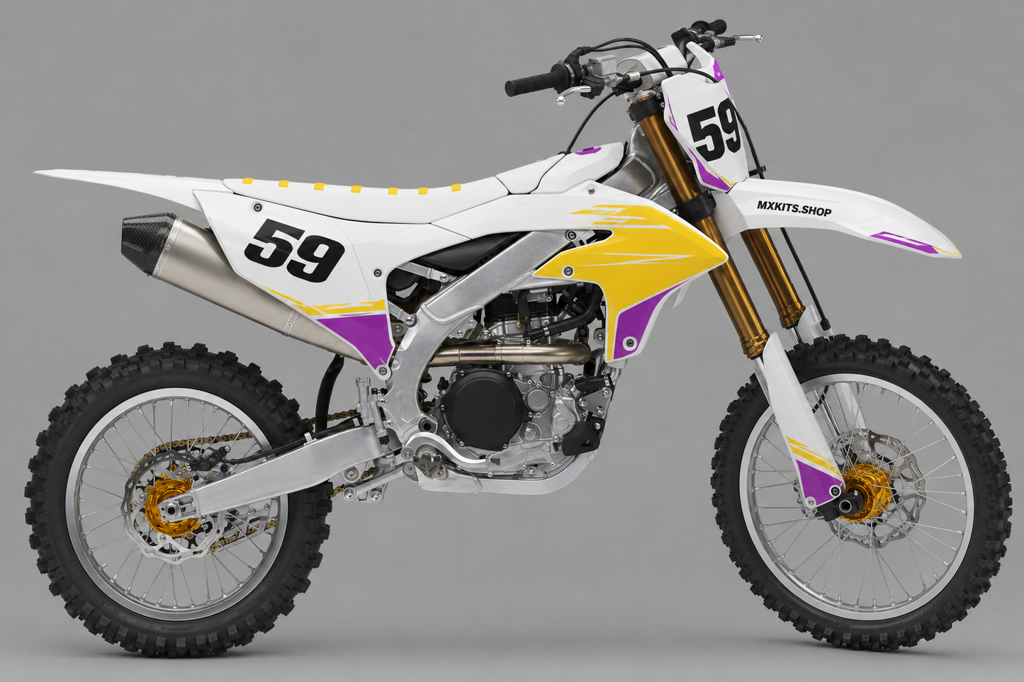 Sponsor-free graphite and black Yamaha motocross bike with red Carbon Ember accents and race number 59