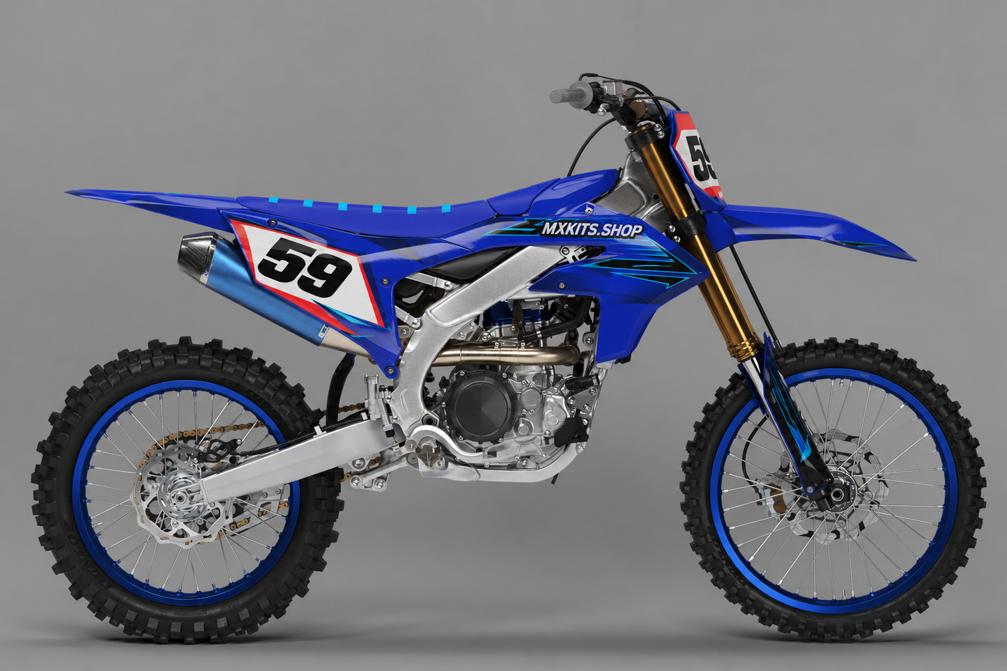Sponsor-free blue Yamaha motocross bike with cyan and red Cobalt Current graphics, MXKITS.SHOP branding and race number 59