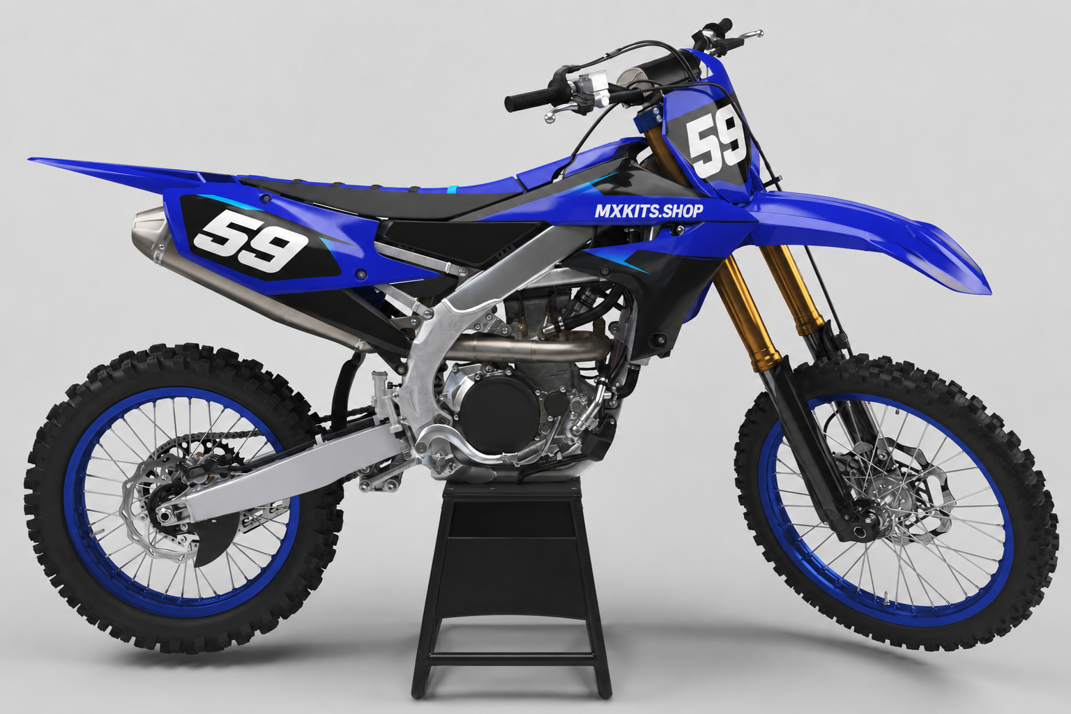 Cobalt blue black and cyan Yamaha motocross graphics set with number 59 and MXKITS.SHOP branding