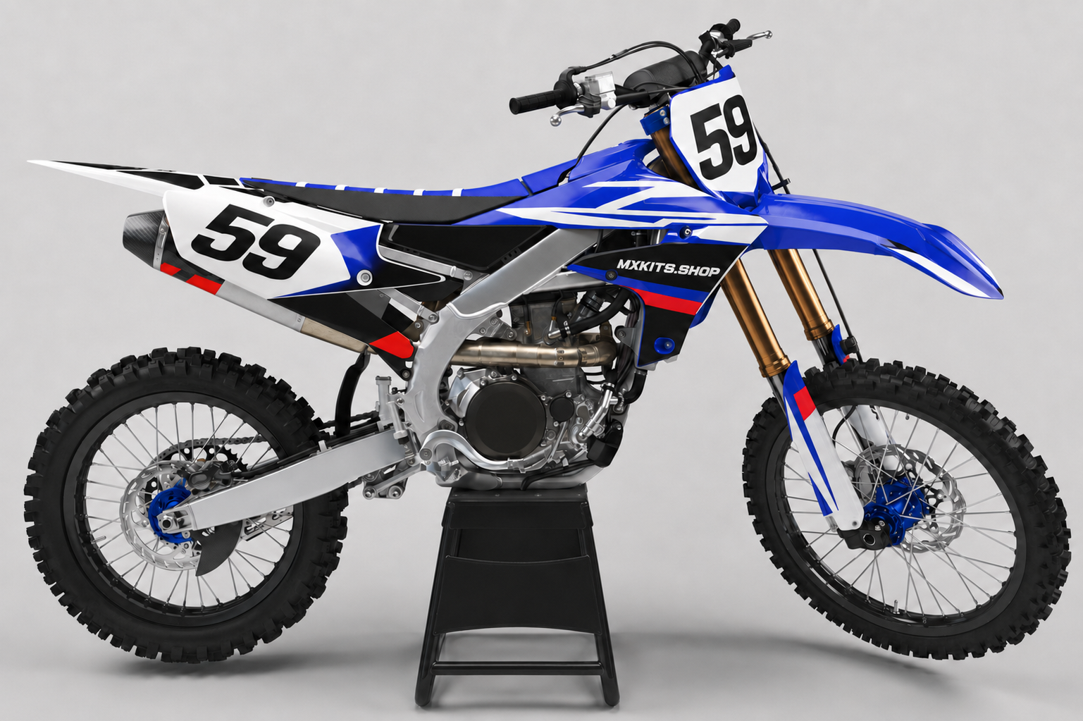 Sponsor-free blue, white and black Yamaha motocross bike with red Cobalt Sprint accents, MXKITS.SHOP branding and race number 59