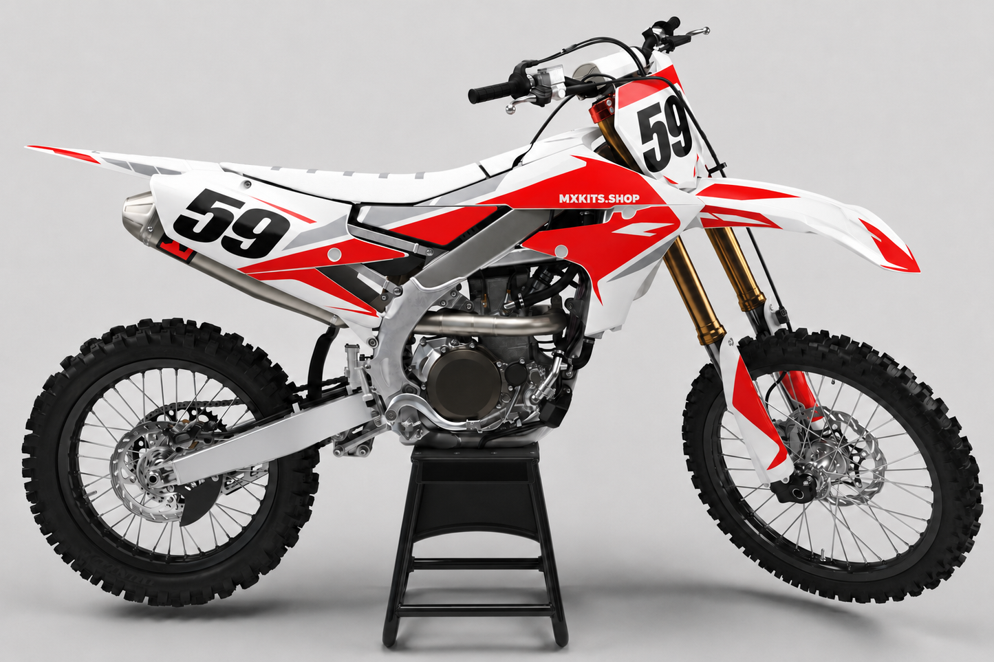 Red white and silver Yamaha motocross graphics kit with number 59 and MXKITS.SHOP branding