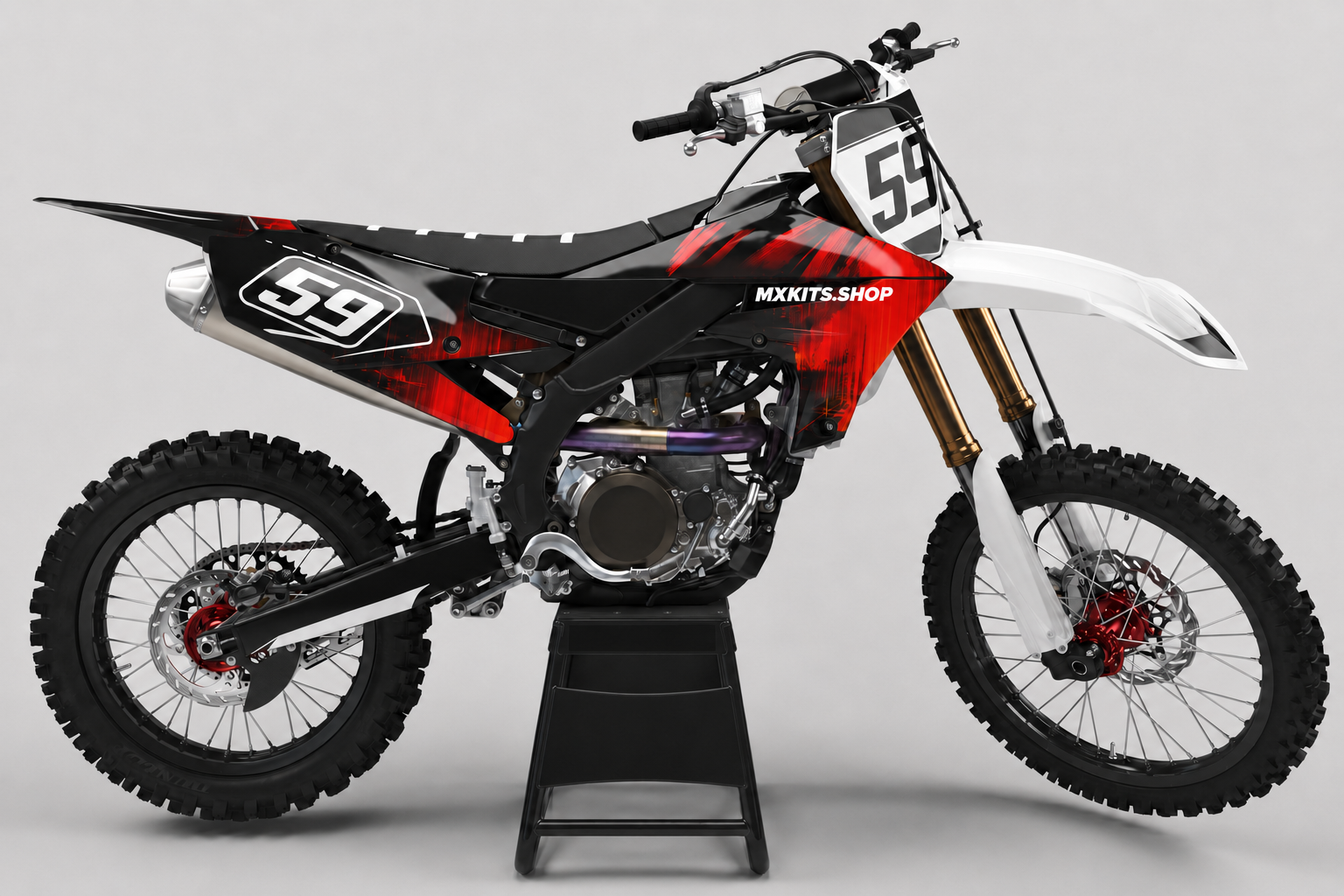 Sponsor-free black white and red Yamaha motocross bike with Crimson Phantom brush graphics, MXKITS.SHOP branding and race number 59