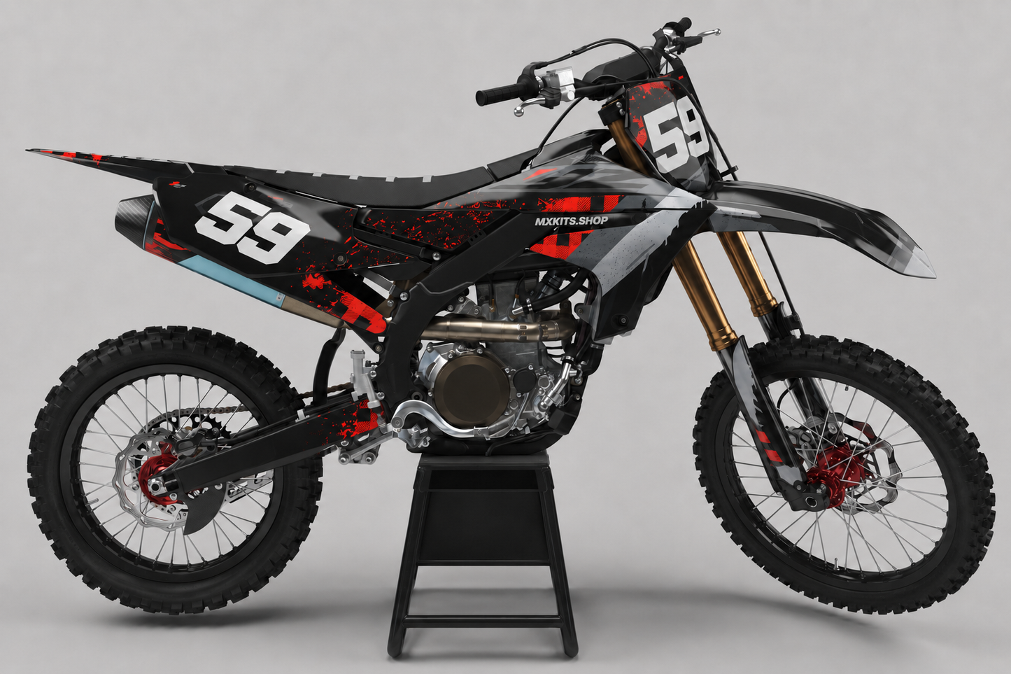 Sponsor-free black, charcoal, gray and red Yamaha motocross bike with Crimson Static graphics, MXKITS.SHOP branding and race number 59