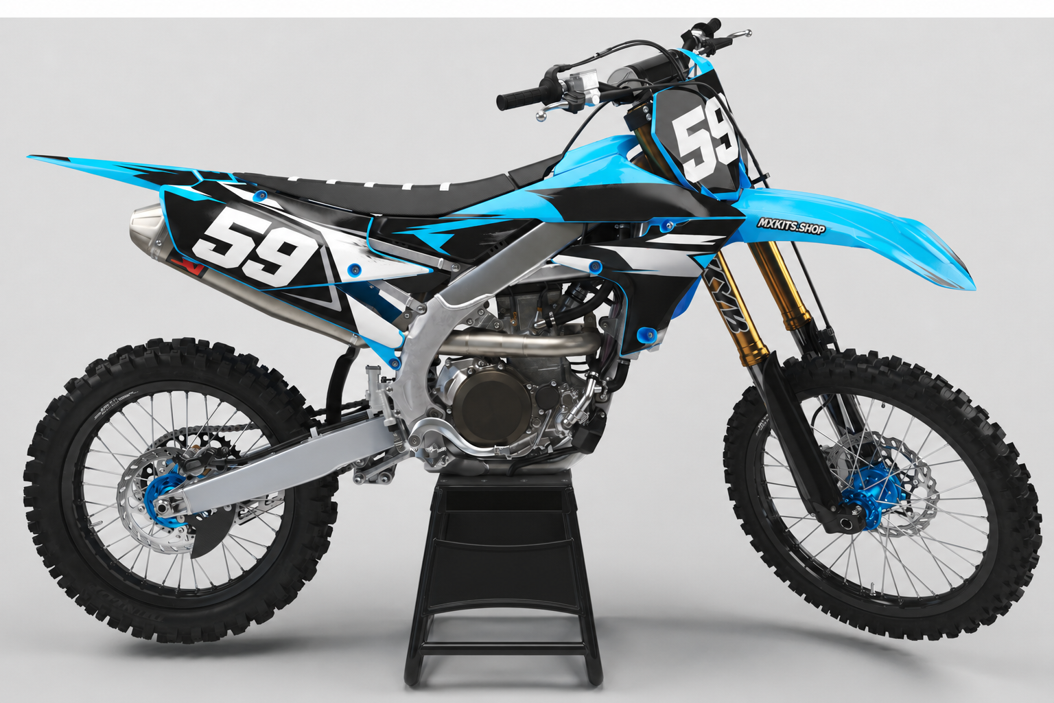 Sponsor-free Yamaha motocross bike with cyan, black and white Cyan Breakpoint graphics, MXKITS.SHOP branding and race number 59