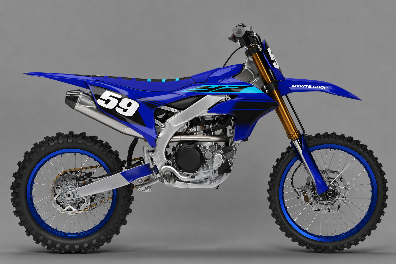 Sponsor-free blue and black Yamaha motocross bike with cyan Nightwave graphics, MXKITS.SHOP branding and race number 59