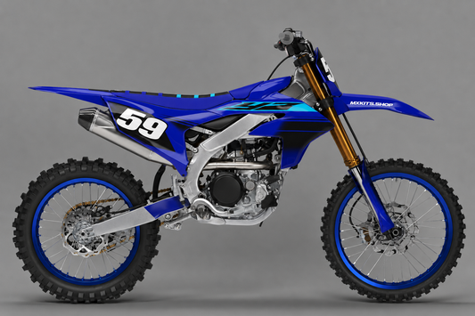 Sponsorfreies Yamaha Motocross-Motorrad in Blau und Schwarz mit cyanfarbenem Nightwave Dekor, MXKITS.SHOP-Schriftzug und Startnummer 59