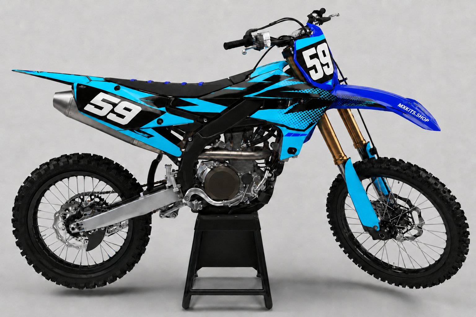 Sponsor-free black and cyan Yamaha motocross bike with blue Cyan Overdrive graphics, MXKITS.SHOP branding and race number 59