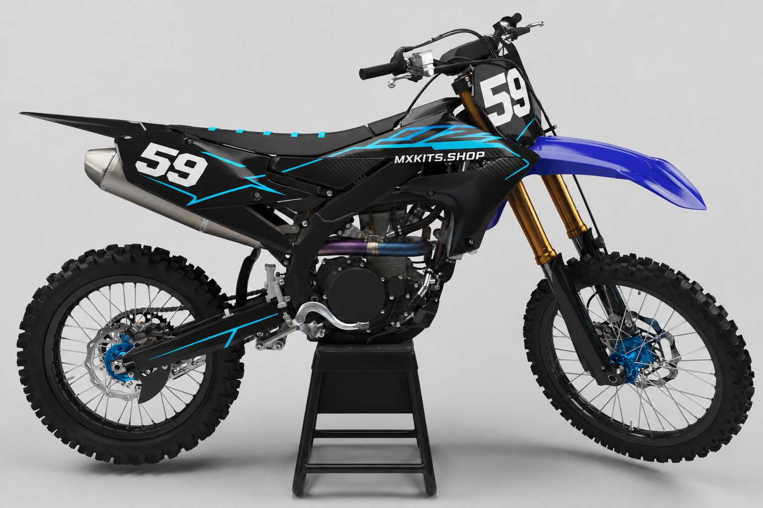 Sponsor-free black Yamaha motocross bike with cyan Vector graphics, blue accents, MXKITS.SHOP branding and race number 59
