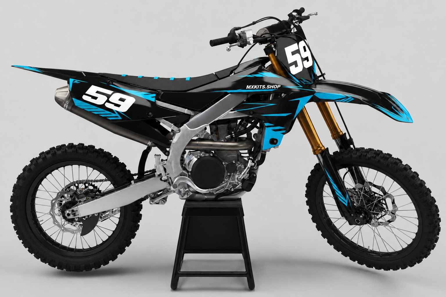 Black and bright cyan Yamaha motocross graphics kit with number 59 and MXKITS.SHOP branding