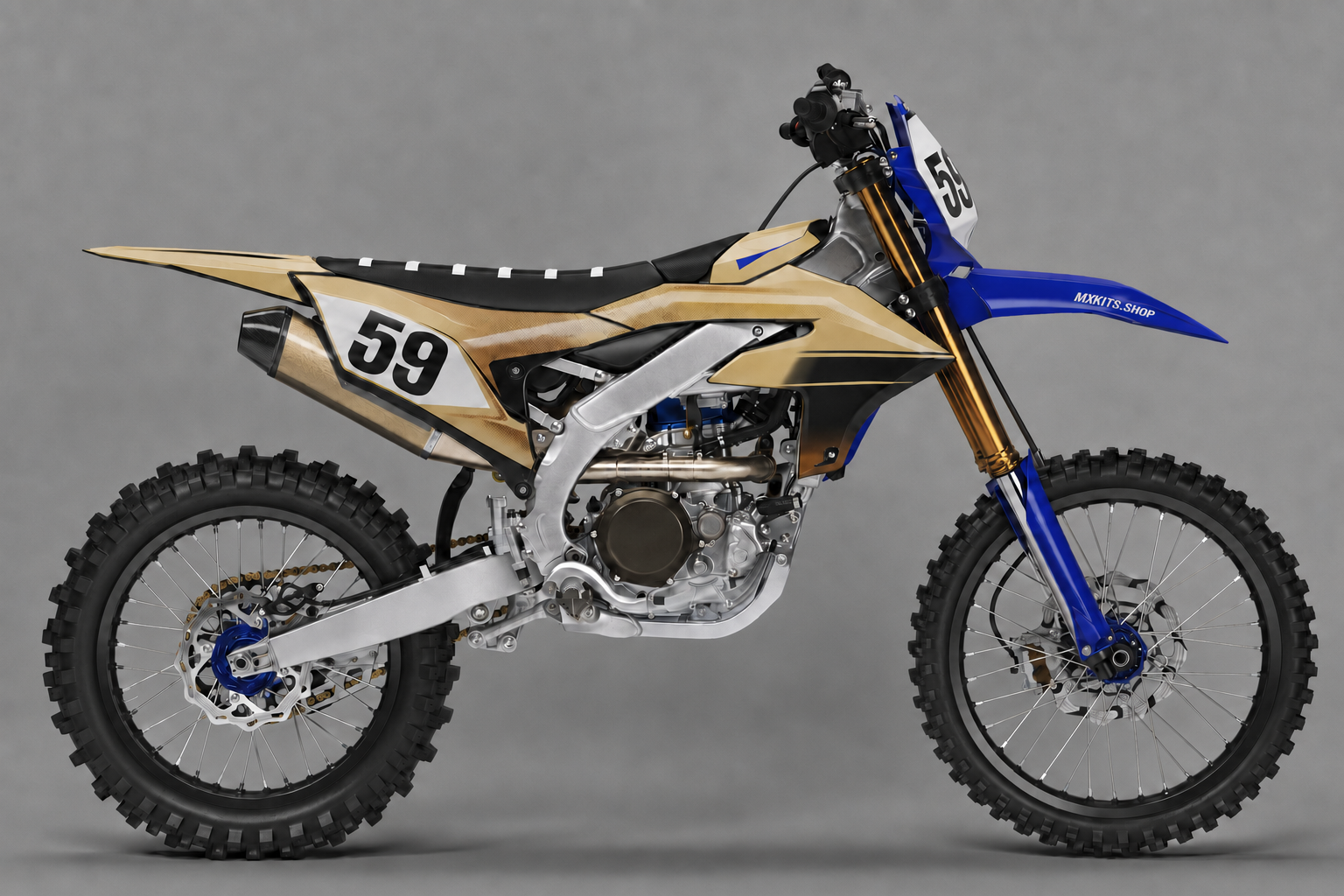 Sponsor-free tan gold and blue Yamaha off-road bike with Desert Alloy graphics, MXKITS.SHOP branding and race number 59