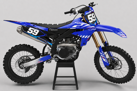 Blau-schwarzes Yamaha-Motocross-Motorrad ohne Sponsorenlogos mit Schaltkreis-Dekor „Digital Bluewave“, MXKITS.SHOP-Logo und Startnummer 59