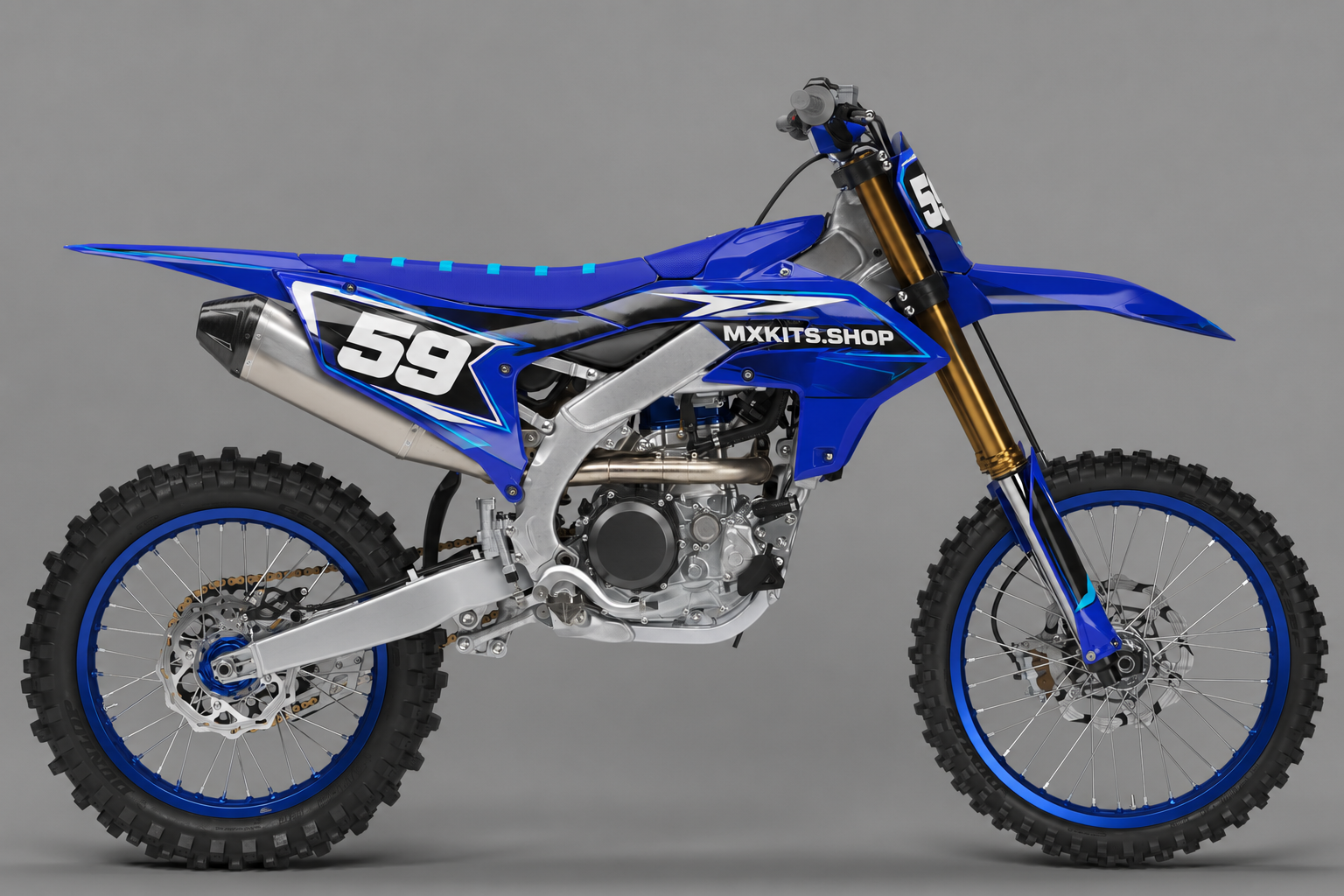 Sponsor-free blue white and cyan Yamaha motocross bike with Electric Crest graphics, MXKITS.SHOP branding and race number 59