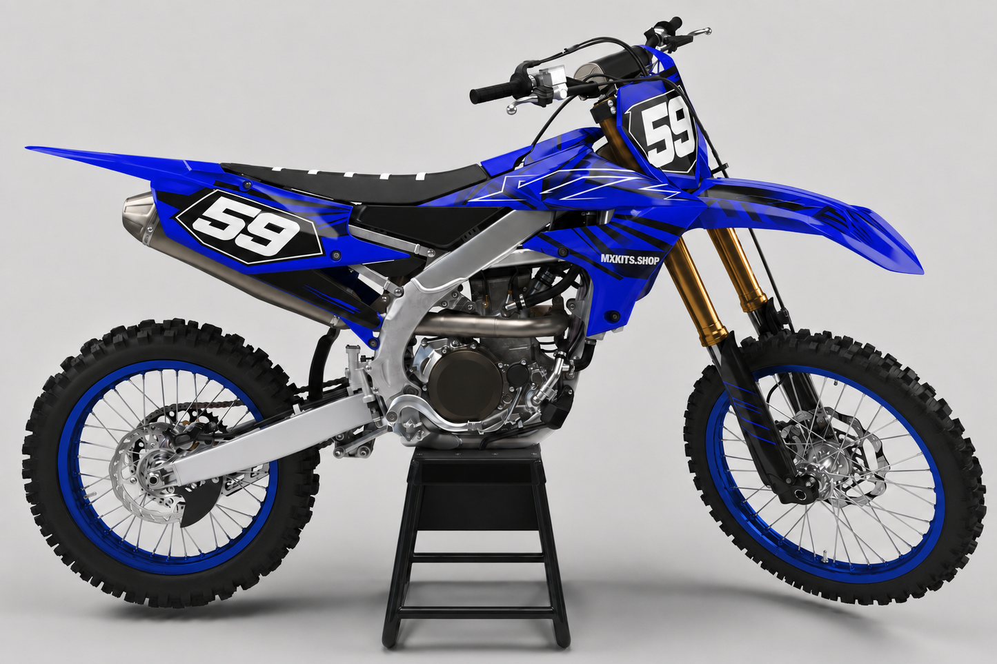 Deep blue black and silver Yamaha motocross graphics kit with number 59 and MXKITS.SHOP branding