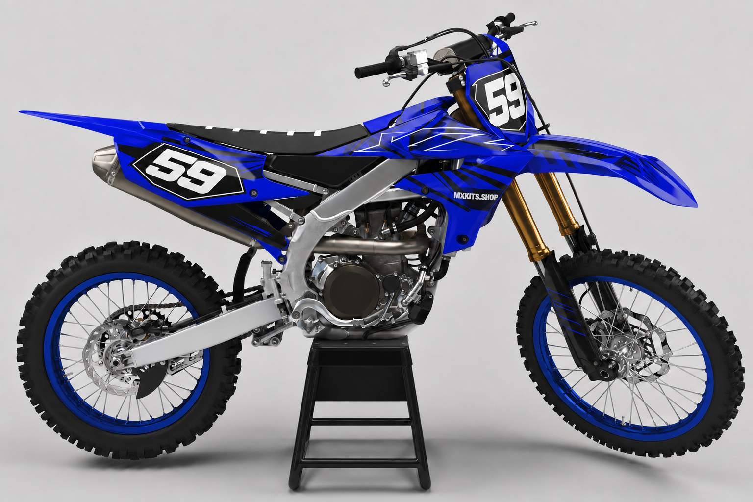 Deep blue black and silver Yamaha motocross graphics kit with number 59 and MXKITS.SHOP branding