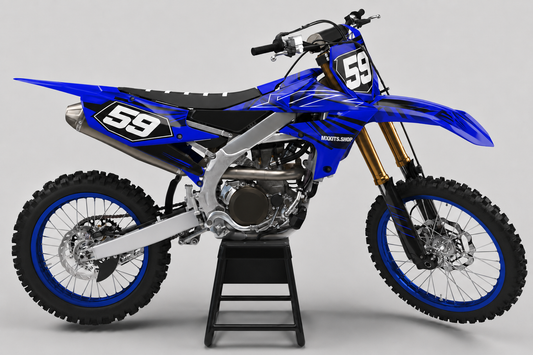 Tiefblaues, schwarzes und silbernes Yamaha Motocross-Dekor-Kit mit Startnummer 59 und MXKITS.SHOP-Schriftzug
