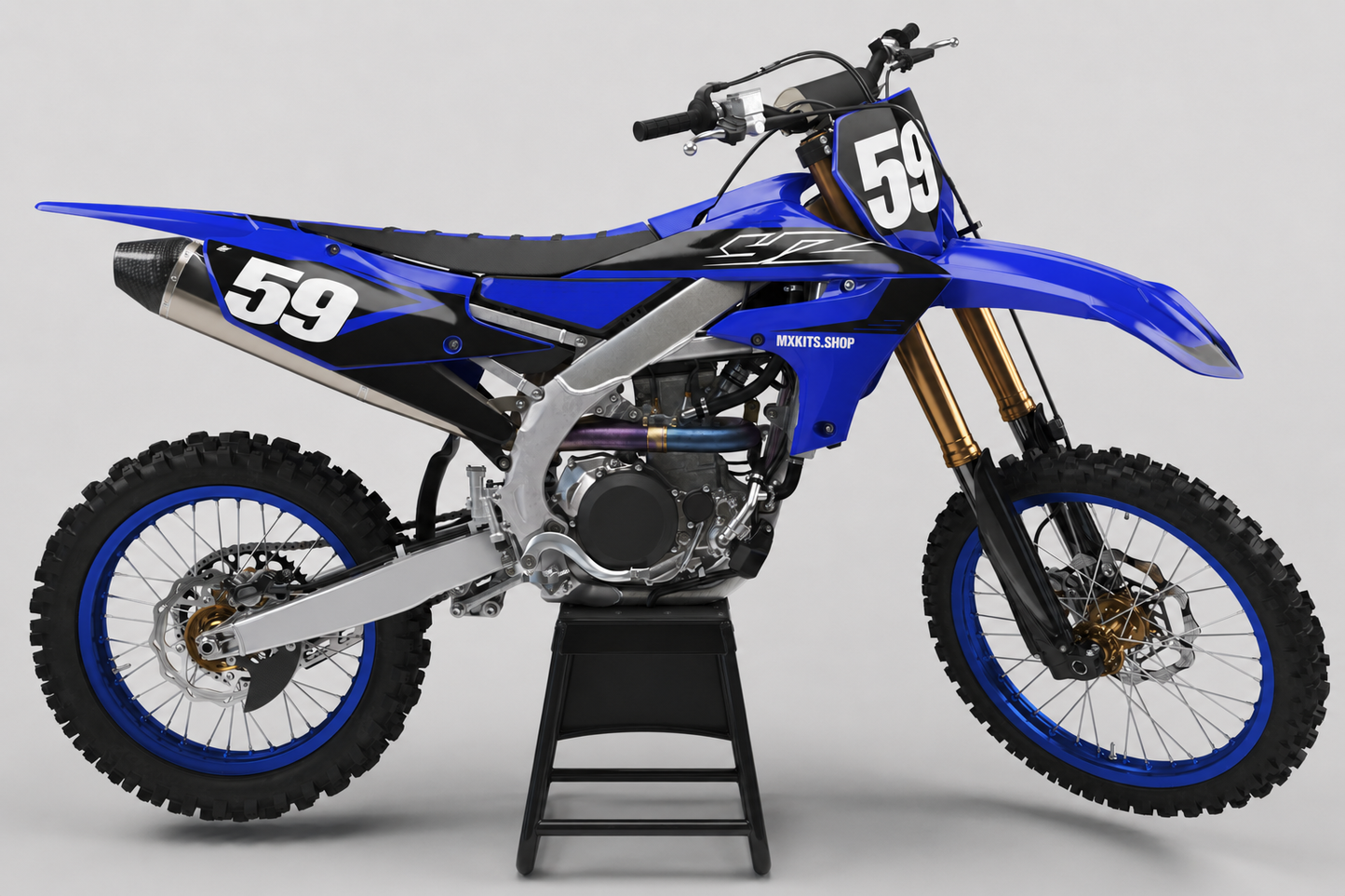Factory blue black and white Yamaha motocross decal kit with number 59 and MXKITS.SHOP branding