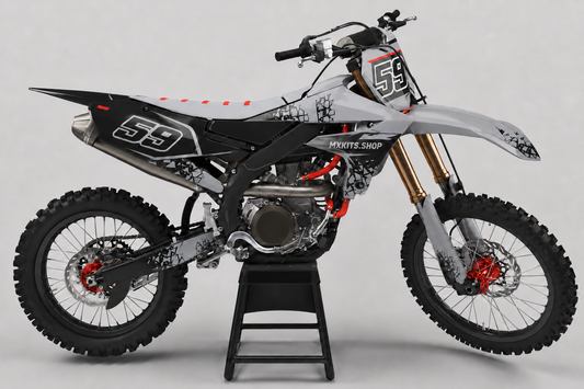 Graues, schwarzes und rotes Yamaha Motocross-Dekor-Kit mit Startnummer 59 und MXKITS.SHOP-Schriftzug