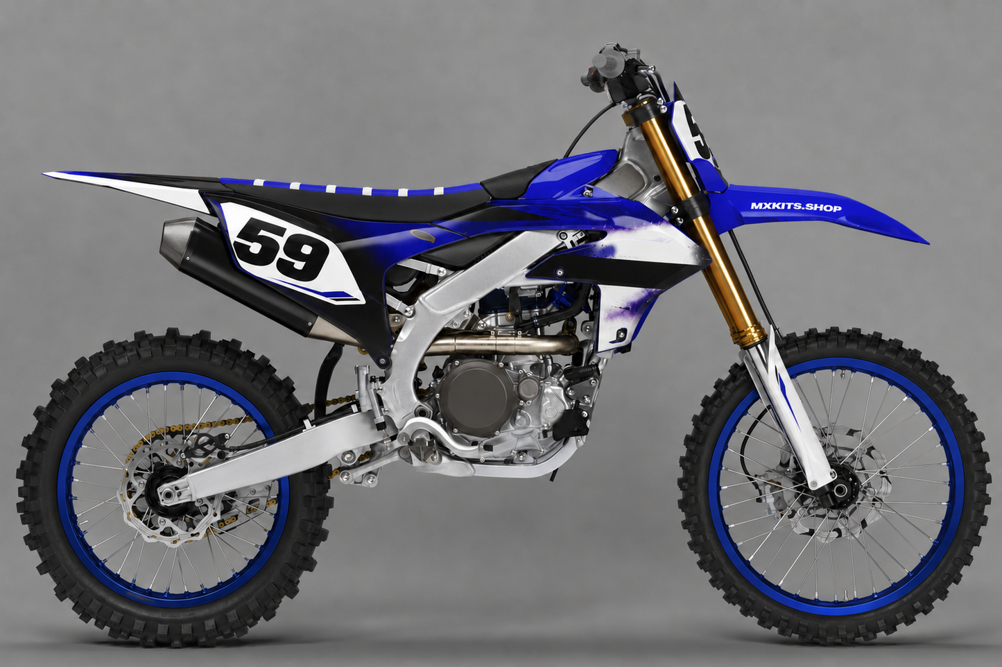 Sponsor-free Yamaha motocross bike with blue, black and white Frostburst graphics, MXKITS.SHOP branding and race number 59