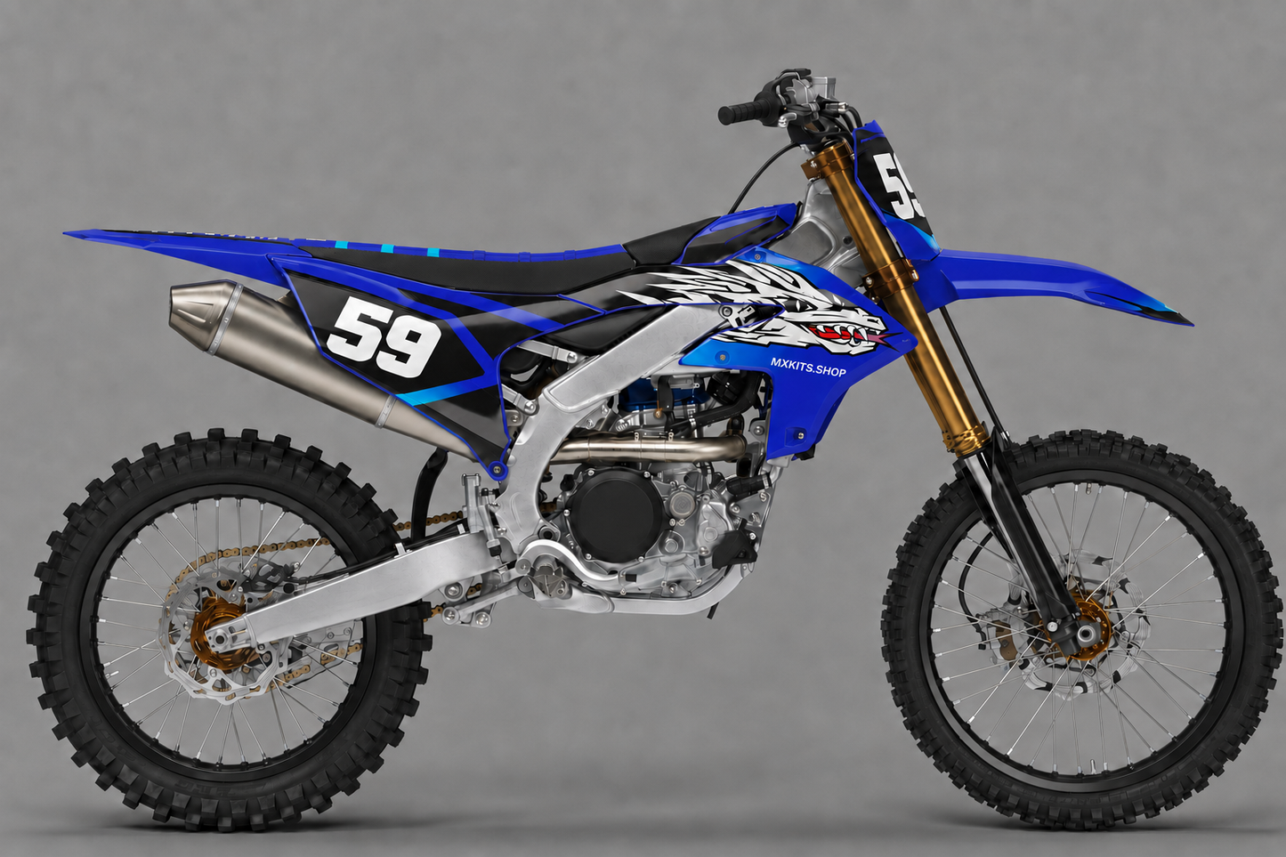 Sponsor-free dark blue Yamaha motocross bike with white Frostfang illustration, MXKITS.SHOP branding and race number 59