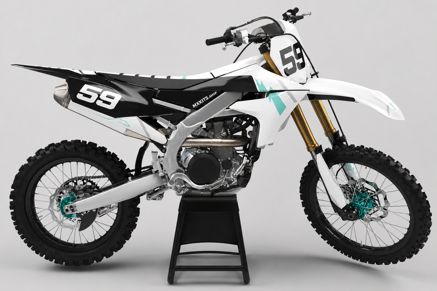 Sponsor-free white black gray and pale turquoise Yamaha motocross bike with Glacier Mint graphics, MXKITS.SHOP branding and race number 59