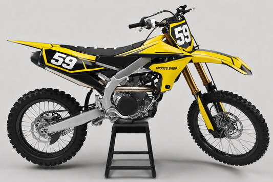Leuchtend gelb-schwarzes Yamaha-Motocross-Motorrad ohne Sponsorenlogos mit Dekor „Golden Apex“, MXKITS.SHOP-Logo und Startnummer 59