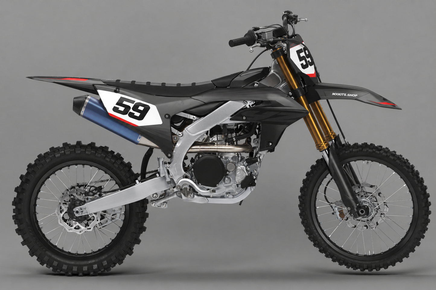 Sponsor-free white Yamaha motocross bike with yellow and purple Golden Iris graphics, MXKITS.SHOP branding and race number 59