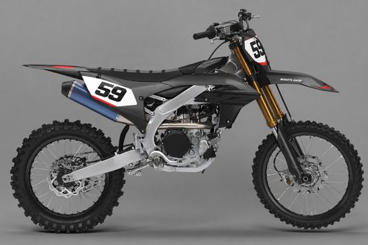 Sponsorfreies weißes Yamaha Motocross-Motorrad mit Golden Iris Dekor in Gelb und Violett, MXKITS.SHOP-Schriftzug und Startnummer 59