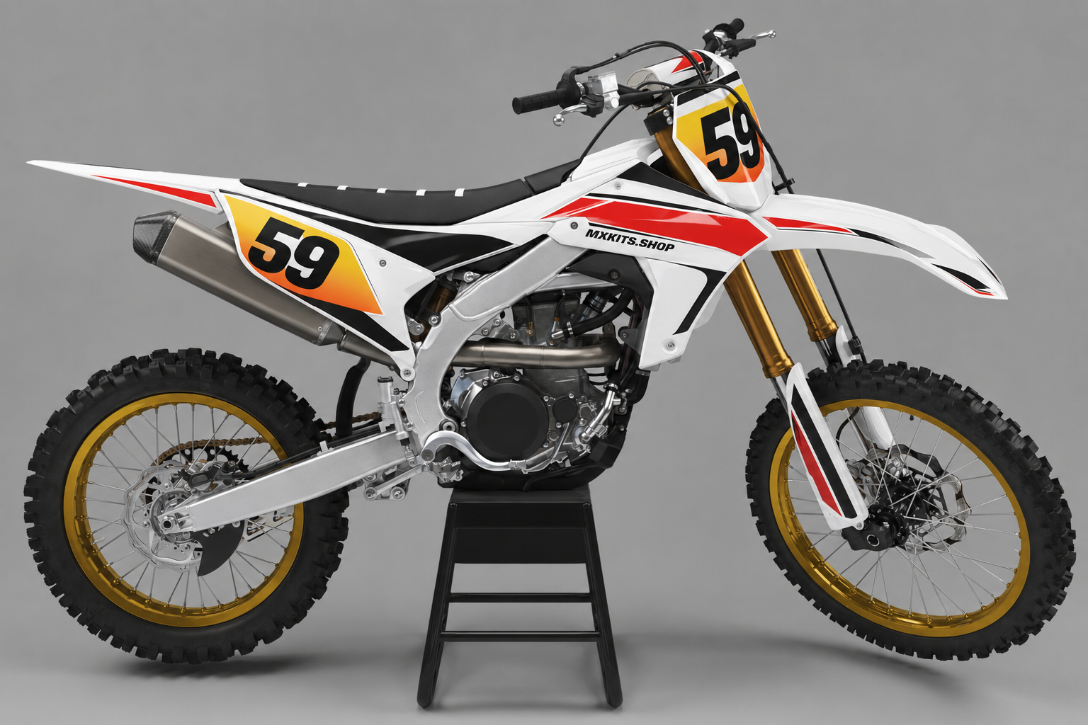 Sponsor-free white red yellow and black Yamaha motocross bike with Golden Relay graphics, MXKITS.SHOP branding and race number 59