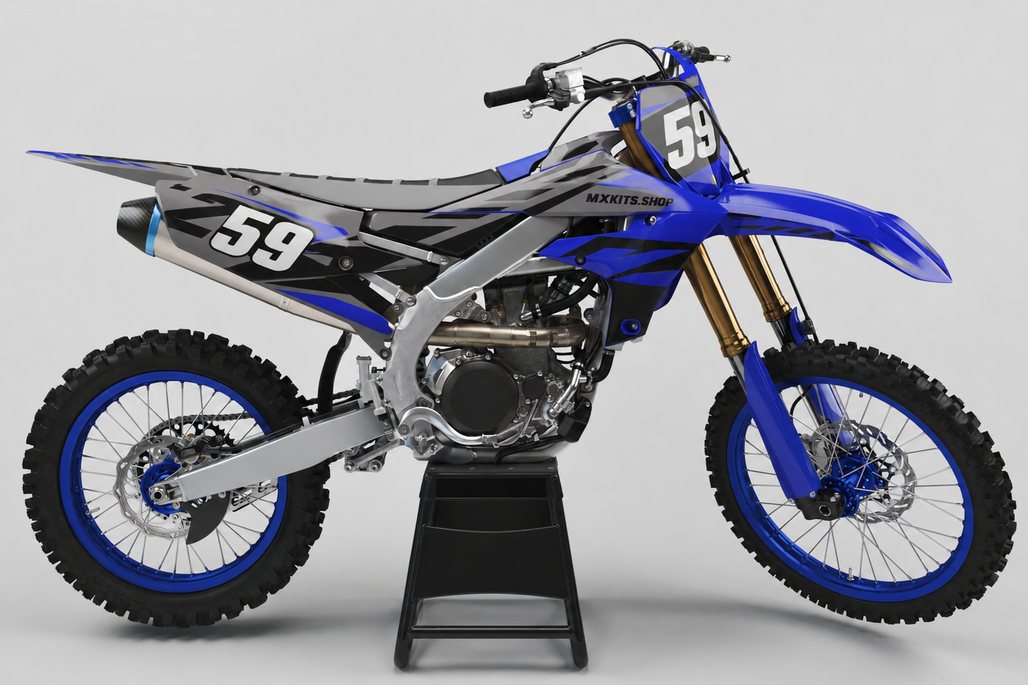 Sponsor-free gray black and blue Yamaha motocross bike with Granite Pulse graphics, MXKITS.SHOP branding and race number 59