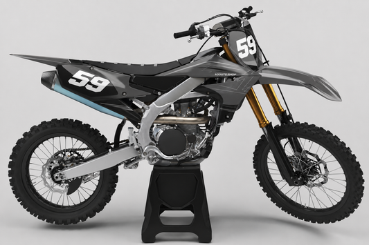 Graphitgraues, schwarzes und hellblaues Yamaha Motocross-Dekor-Kit mit Startnummer 59 und MXKITS.SHOP-Schriftzug