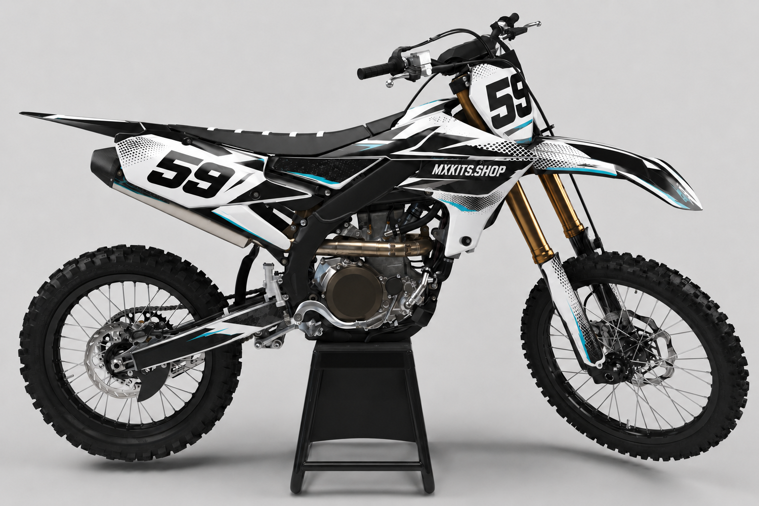 White and black Yamaha motocross graphics kit with halftone grids, cyan details and race number 59