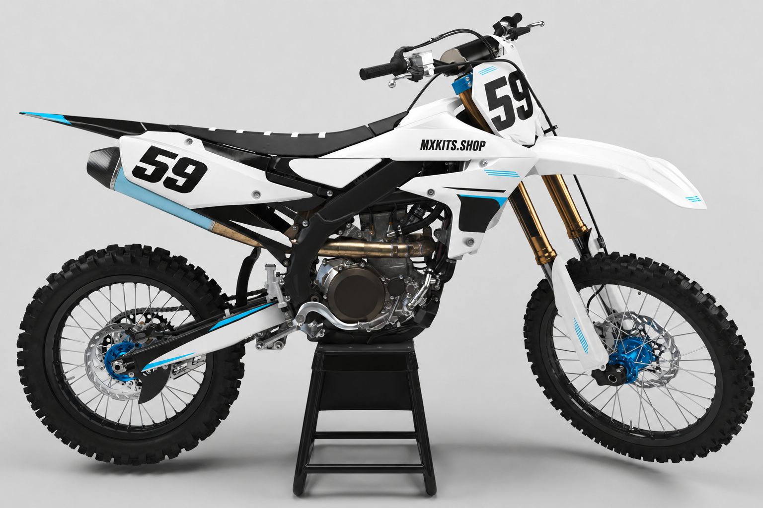 Sponsor-free white and black Yamaha motocross bike with fine cyan Ice Meridian accents, MXKITS.SHOP branding and race number 59