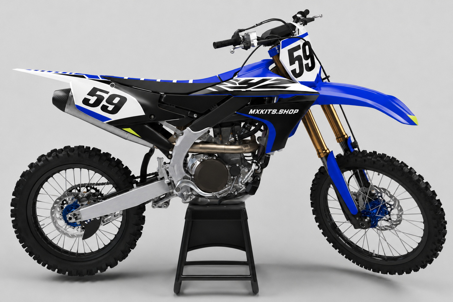 Sponsor-free blue, white and black Yamaha motocross bike with simple lime Apex accents, MXKITS.SHOP branding and race number 59