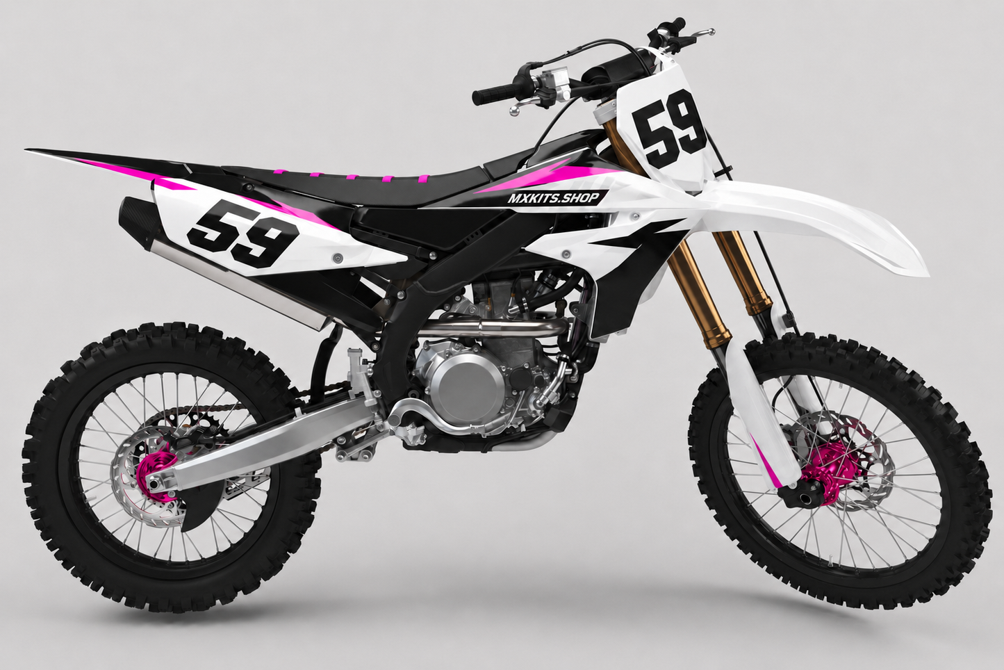 Sponsor-free white, black and magenta Yamaha motocross bike with Magenta Phantom graphics, MXKITS.SHOP branding and race number 59