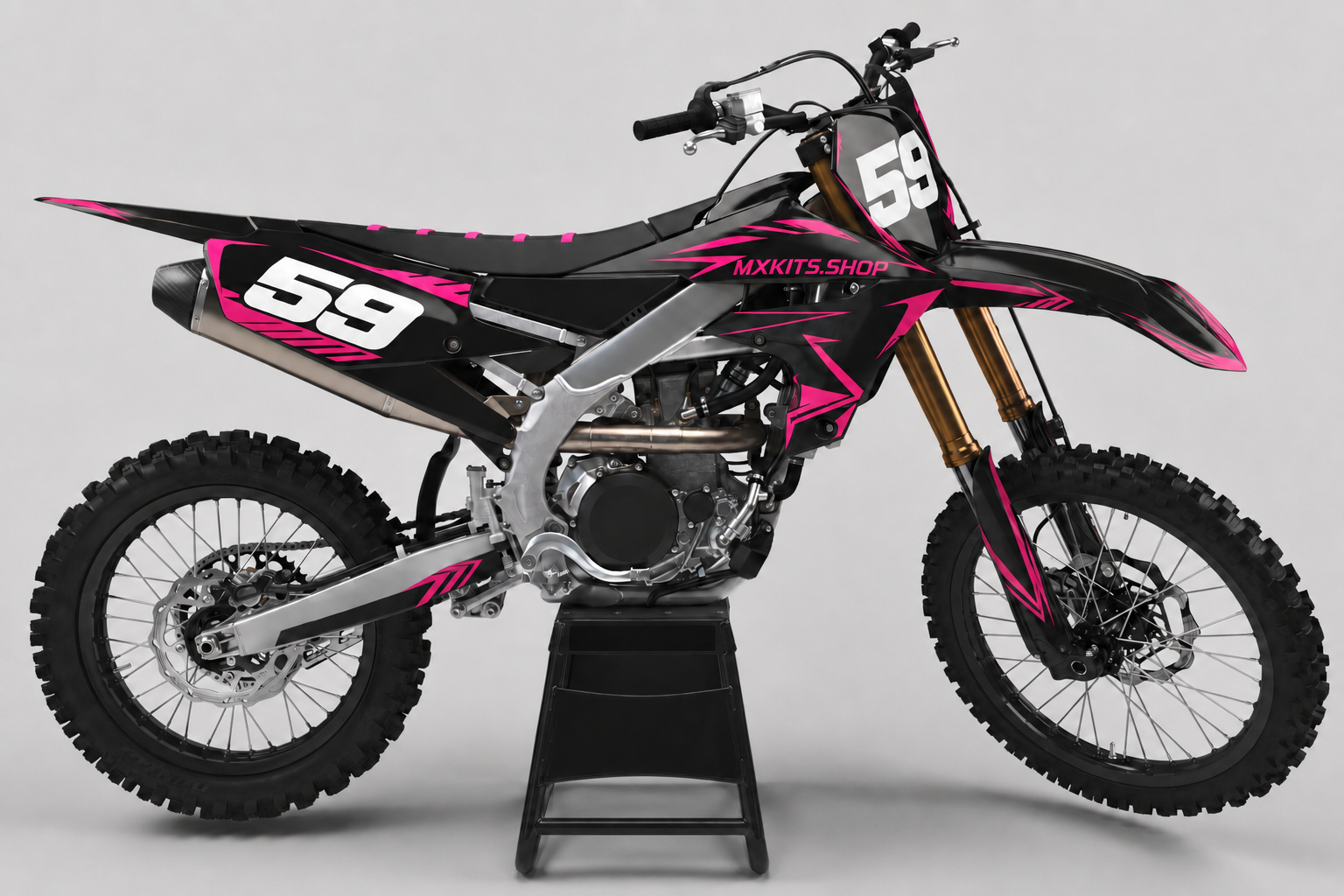 Sponsor-free black and neon pink Yamaha motocross bike with Magenta Voltage graphics, MXKITS.SHOP branding and race number 59