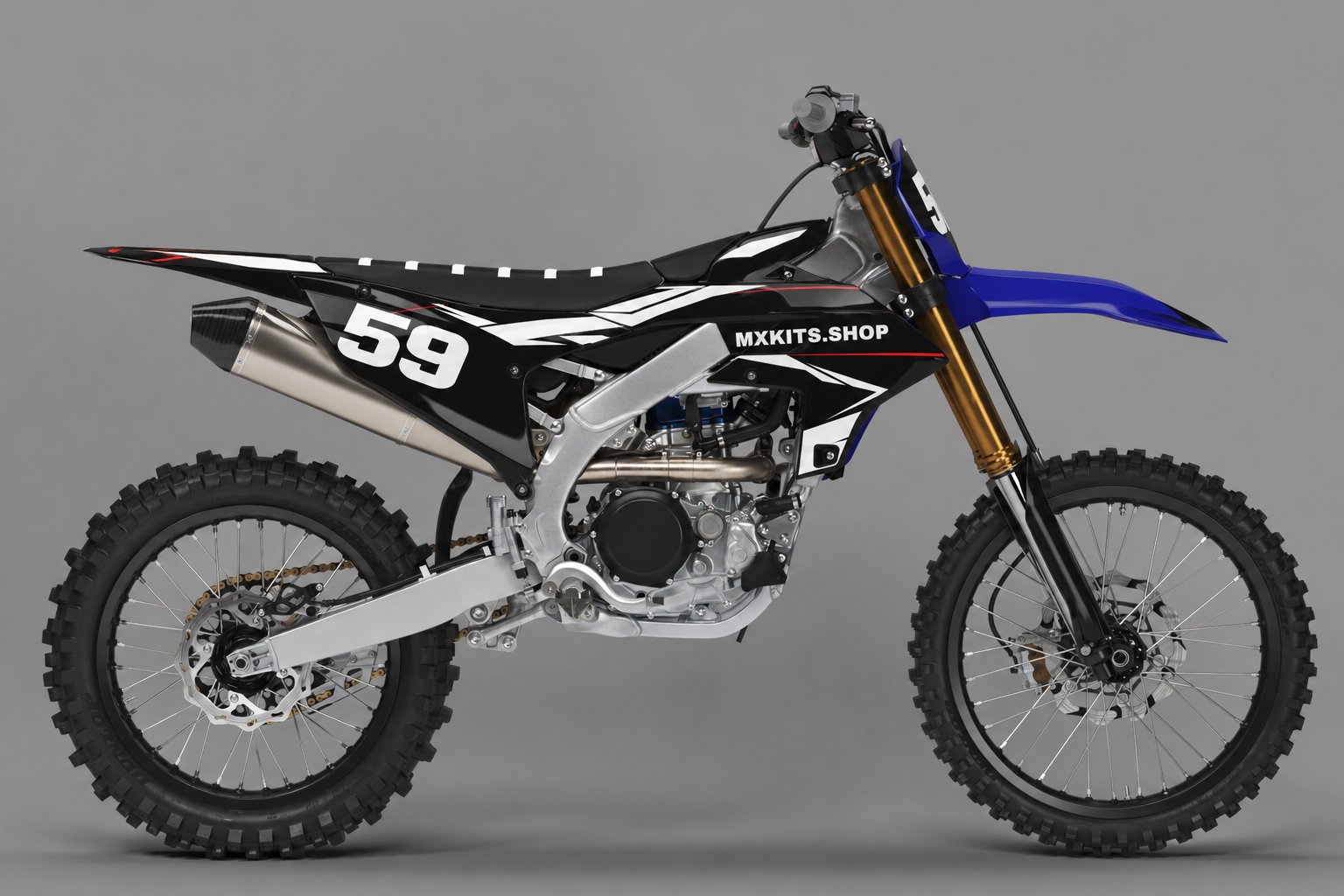 Sponsor-free black white and royal blue Yamaha motocross bike with Midnight Alloy graphics, MXKITS.SHOP branding and race number 59