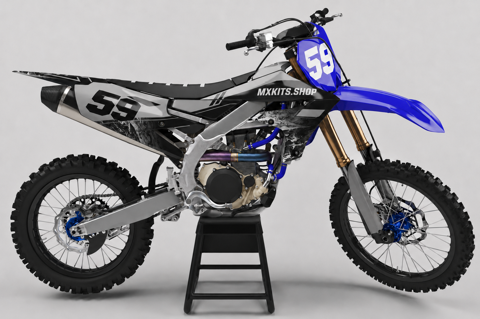 Sponsor-free Yamaha motocross bike in blue, silver, black and marbled gray Midnight Marble graphics with MXKITS.SHOP branding and race number 59