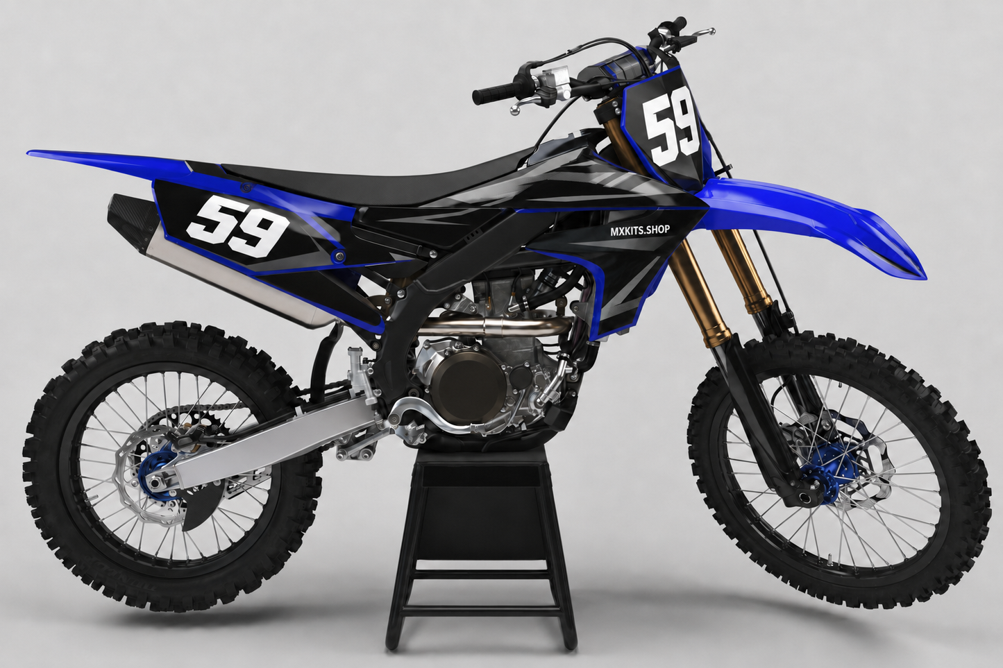 Blue black and charcoal Yamaha motocross graphics kit with number 59 and MXKITS.SHOP branding