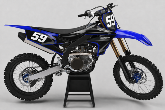 Blaues, schwarzes und anthrazitfarbenes Yamaha Motocross-Dekor-Kit mit Startnummer 59 und MXKITS.SHOP-Schriftzug