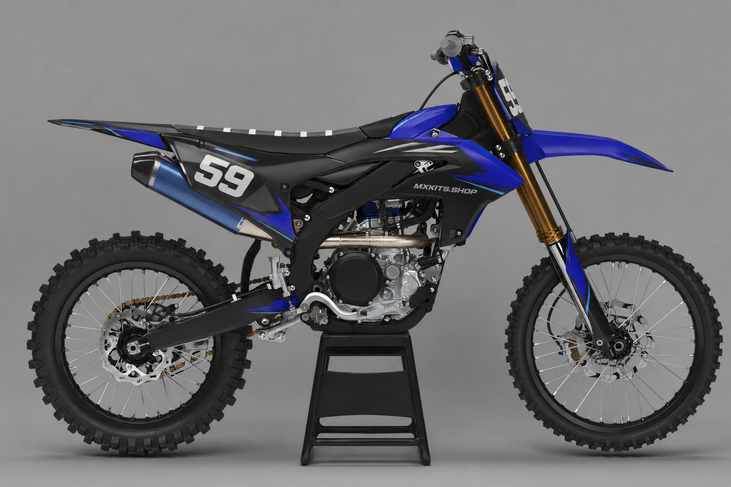 Sponsor-free charcoal black and deep blue Yamaha motocross bike with Midnight Recon graphics, MXKITS.SHOP branding and race number 59