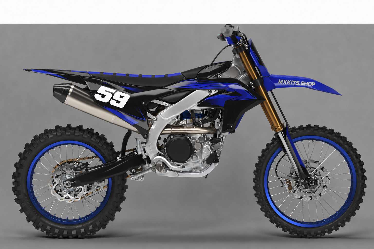 Sponsor-free Yamaha motocross bike with dark blue and black Midnight Voltage graphics, MXKITS.SHOP branding and number 59