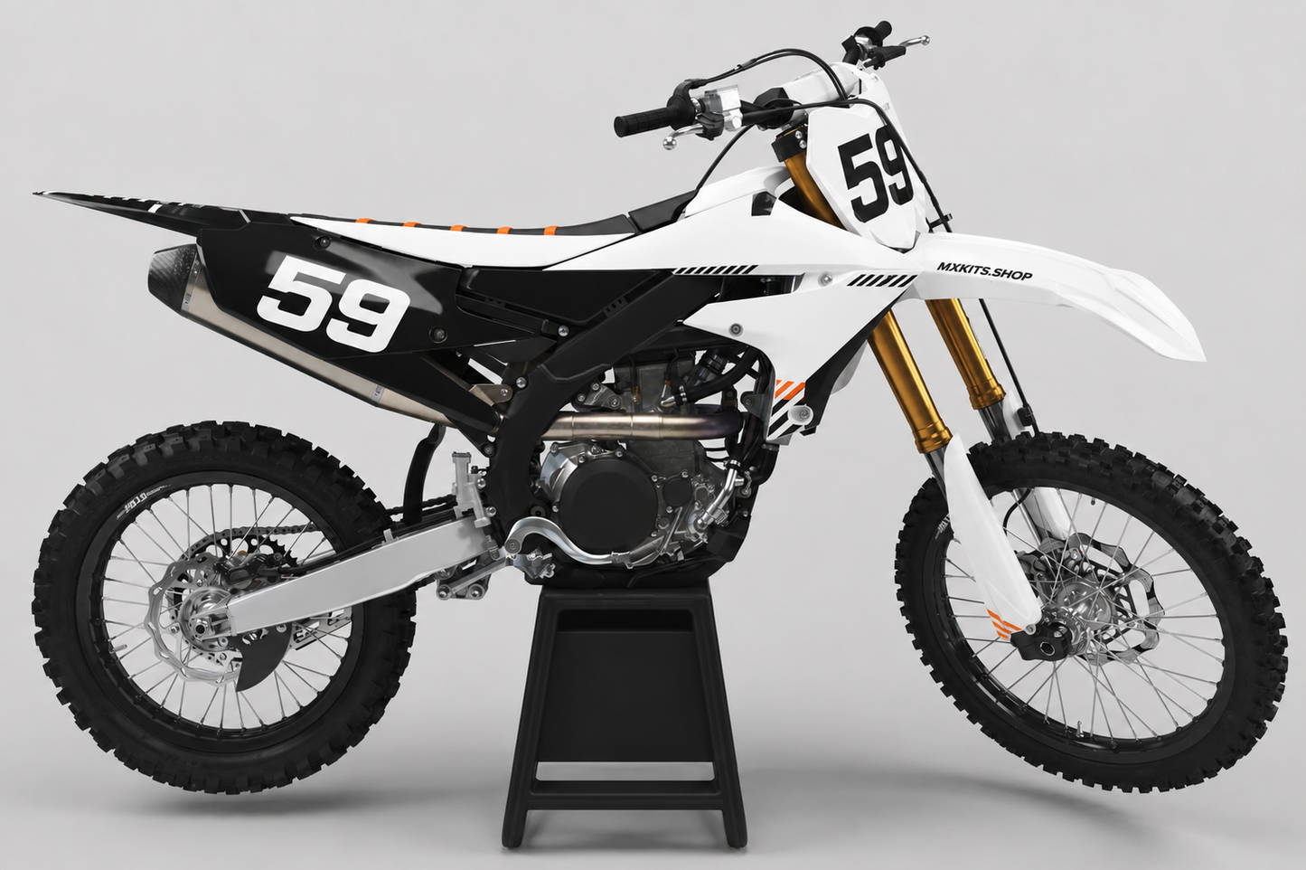Sponsor-free Yamaha motocross bike with black, white and orange Mono Signal graphics, MXKITS.SHOP branding and race number 59