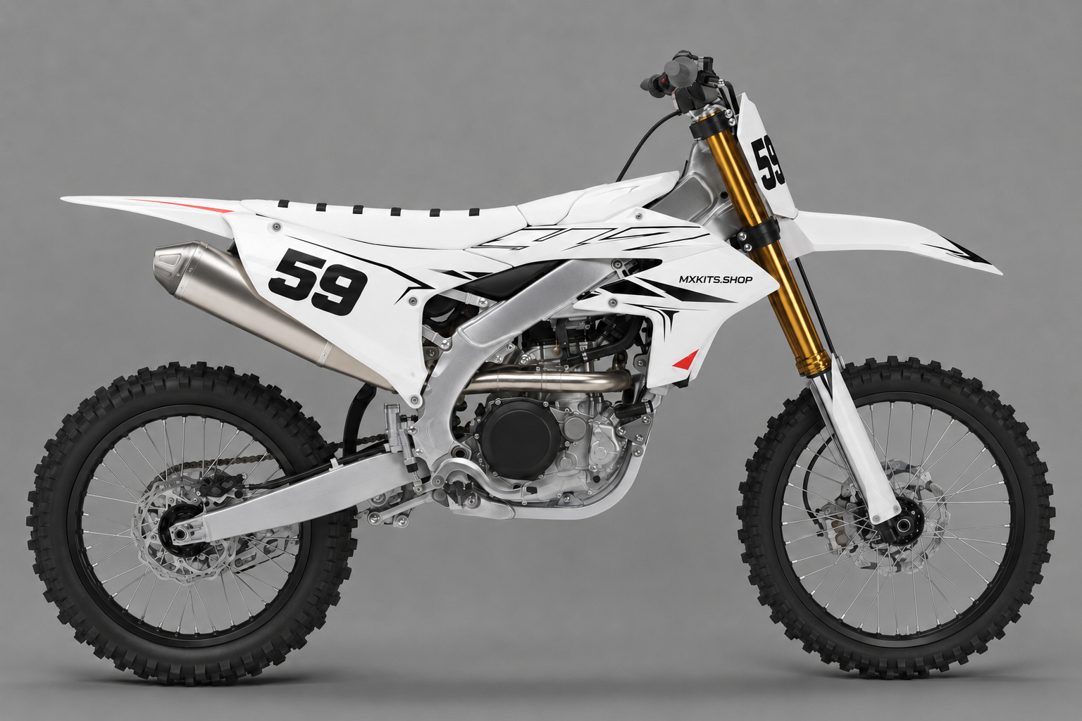 White black and red Yamaha motocross graphics set with number 59 and MXKITS.SHOP branding