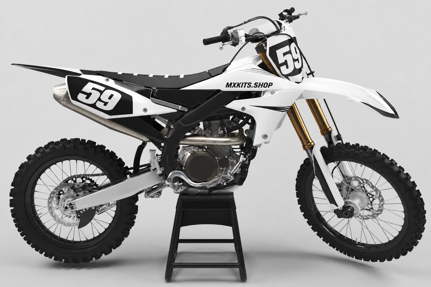 Sponsor-free black and white Yamaha motocross bike with minimalist Monochrome Peak graphics, MXKITS.SHOP branding and race number 59