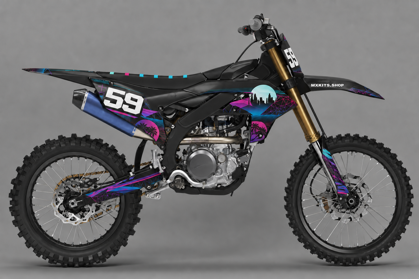 Sponsor-free black Yamaha motocross bike with cyan, magenta and purple Neon Afterdark graphics and race number 59